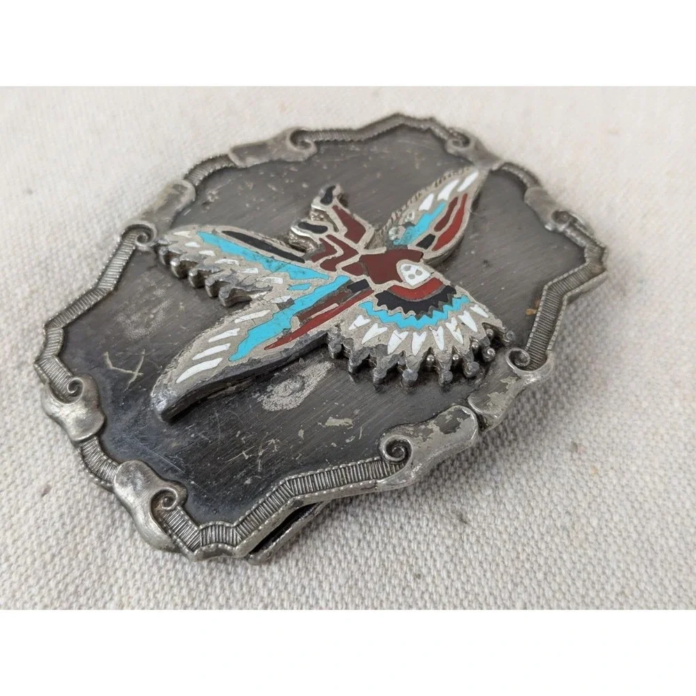 Vintage Southwest Belt Buckle Silver Tone Red Turquoise Man Bird Design Good